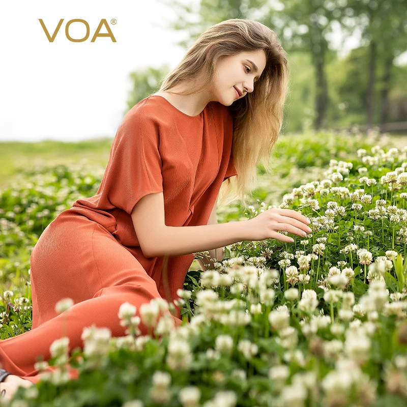 

VOA 45 Momme Mulberry Silk Red-brown O-neck Jumpsuits Short Sleeve Pocket Stitching Silk Loose Wide-leg Jumpersuit Women KE708