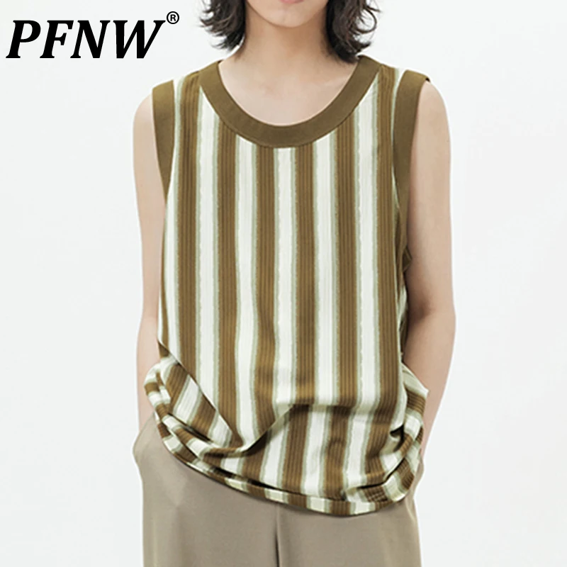 

PFNW Summer New Men's Thin Comfortable Tank Tops Stripe Knitted Round Neck Loose Vintage Daily Street Niche Sports Tees 28A3311