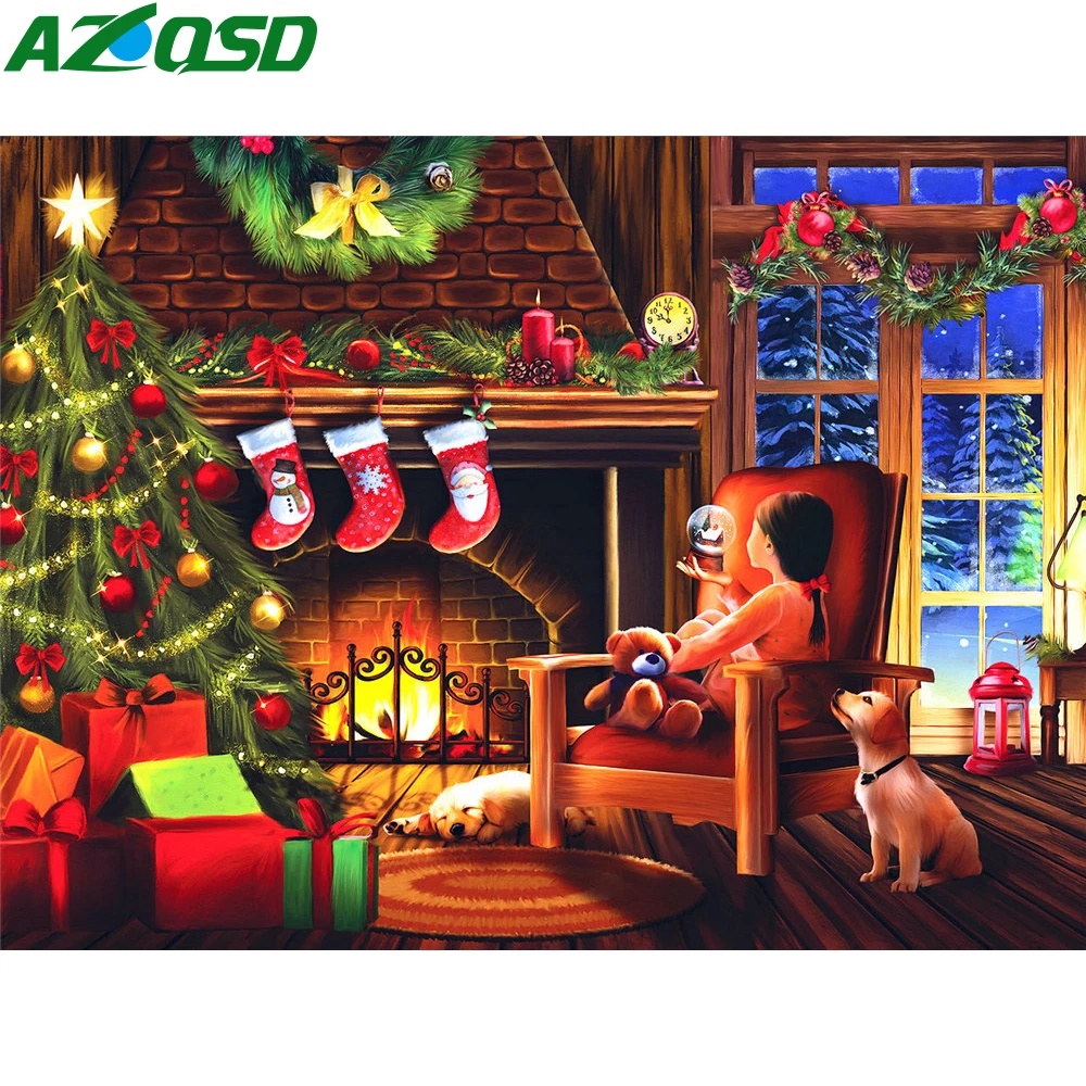 

AZQSD Diamond Painting Christmas House Scenery Cross Stitch Embroidery Girl Dog Mosaic Handmade Full Drill Rhinestones Gift