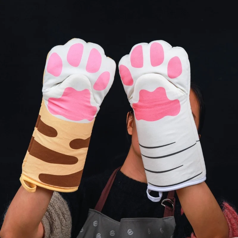 

1Pc Cartoon Cat Paw Oven Mitt with Lanyard Long Cotton Insulation Anti-scald Non-Slip Baking Glove Microwave Home Kitchen Gadget