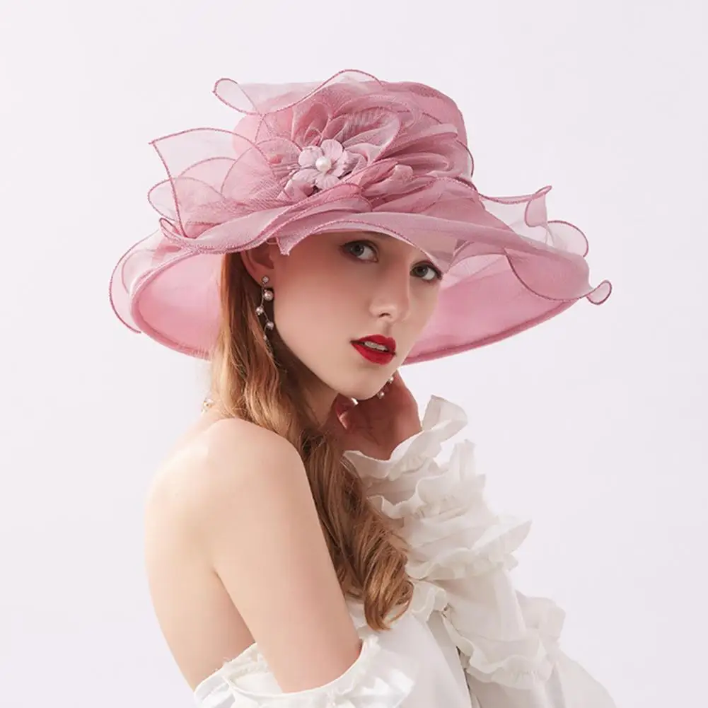 

Flower Decor Wide Brim Organza Hat Thin Elegant Sun Cap Fashion Accessories