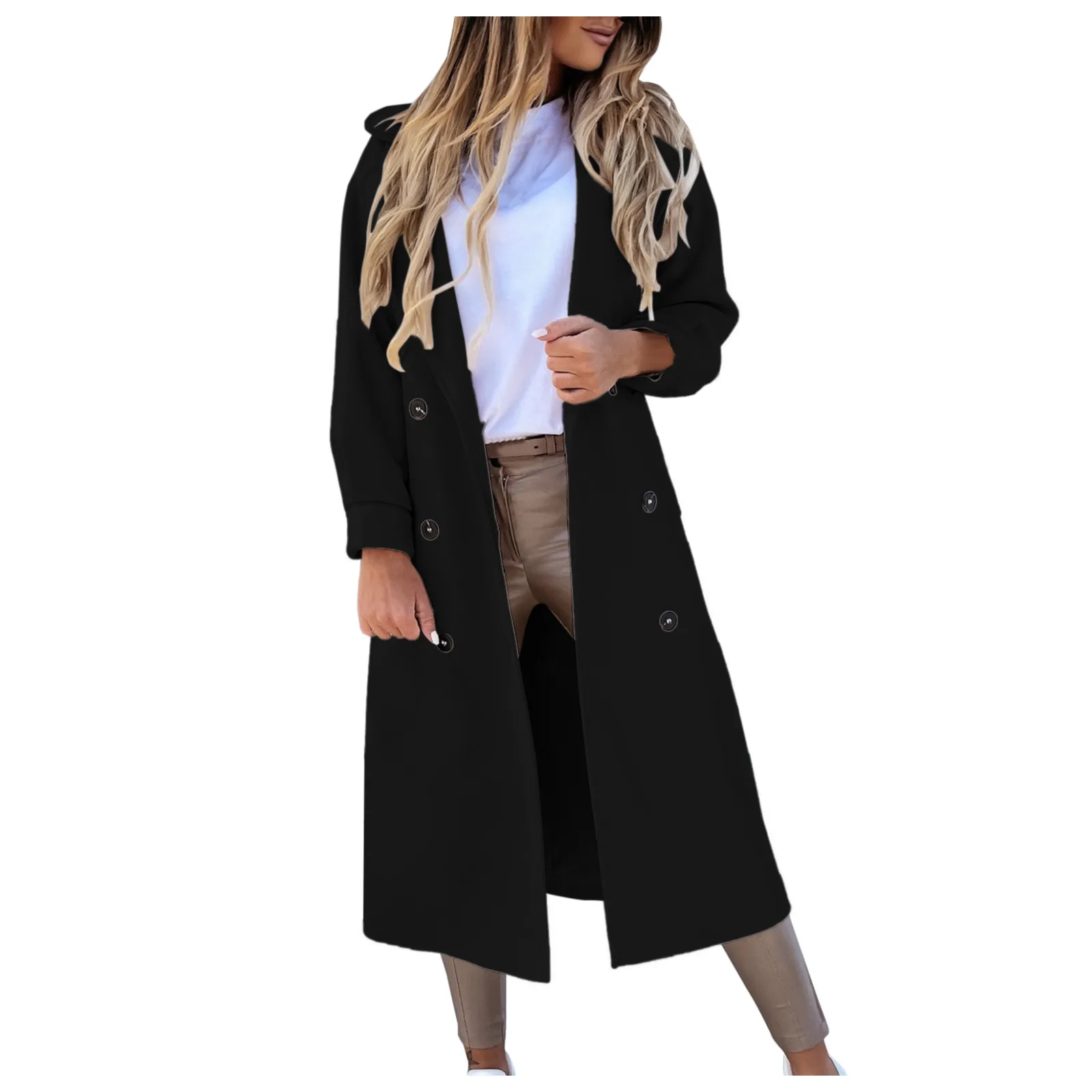 

Women's Faux Wool Thin Coat Trench Jacket Ladies Long Slim Overcoat Outwear Solid Button Elegant Women Fashion Thick Warm Coat