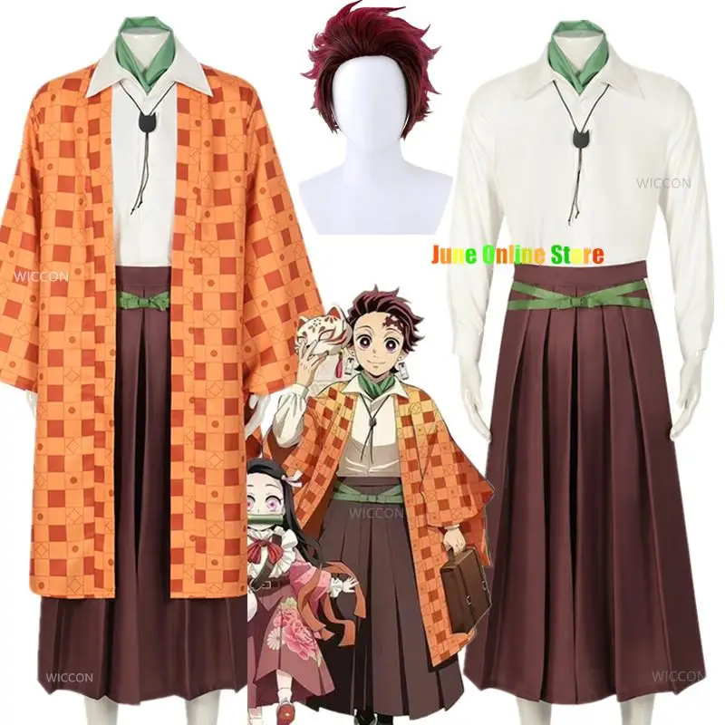

Kamado Tanjirou Cosplay Anime Demon Slayer Kimetsu No Yaiba Costume Uniform Wig Cloak Halloween Party outfit for Men