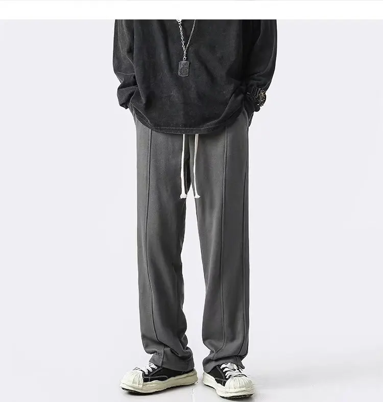 

Pants Men Loose Solid Simple Pockets High Street Straight Students Fashion All-match Drawstring Male Trouser Teens Casual