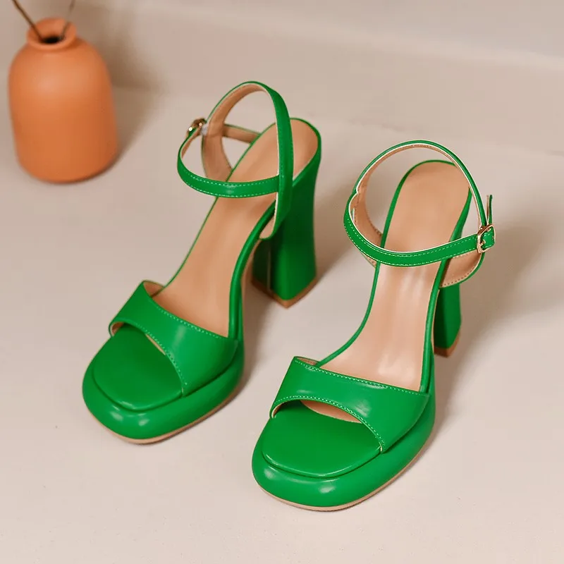 Summer Ankle Strap Sandal 12cm Women Pumps Sexy Peep Toe Square High Heels Woman Shoes Flock Platform Wedding Shoes Heels Women