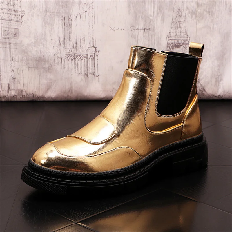

Мужские осенние ботинки в стиле панк, мотоциклетные золотые ботинки, высокие берцы, обувь в стиле хип-хоп, увеличивающие рост