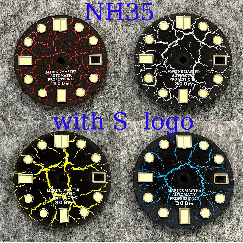 

Аксессуары для часов с модифицированным циферблатом, Япония, C3, треснувший циферблат 28,5 мм в сборе NH35/NH36, автоматический механизм, зеленый свет, циферблат Nh35, логотип S
