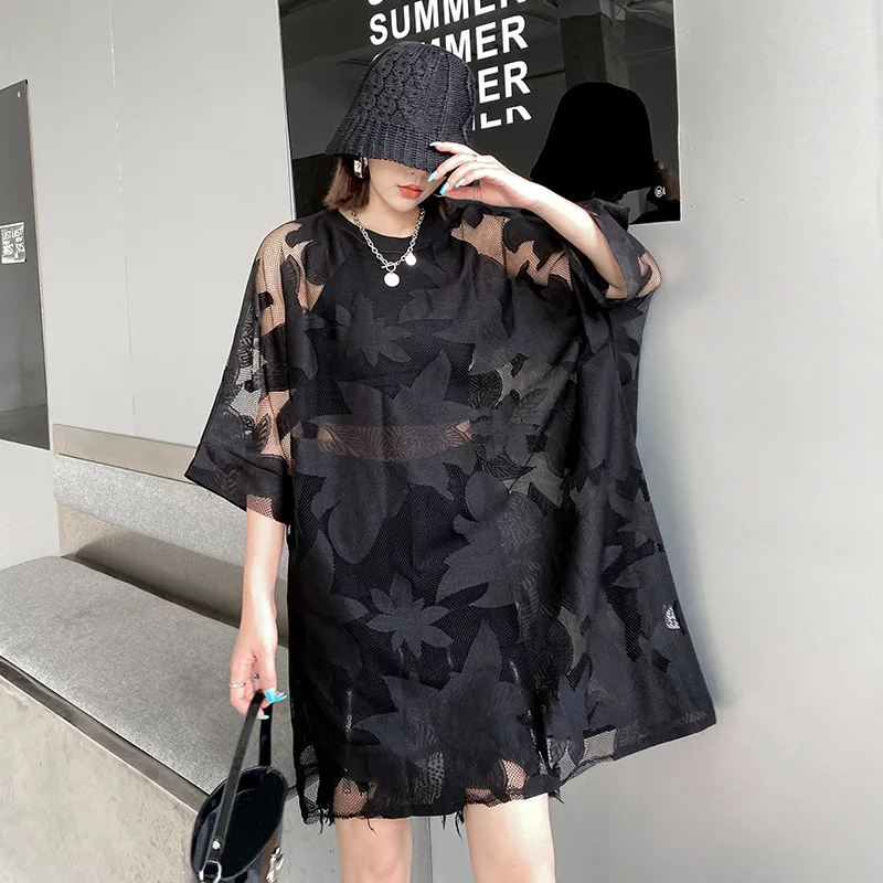 

SuperAen Perspective Jacquard Lace Dress Women's Thin Loose Short-sleeved Fairy Shirt Dress Summer 2022 Tops