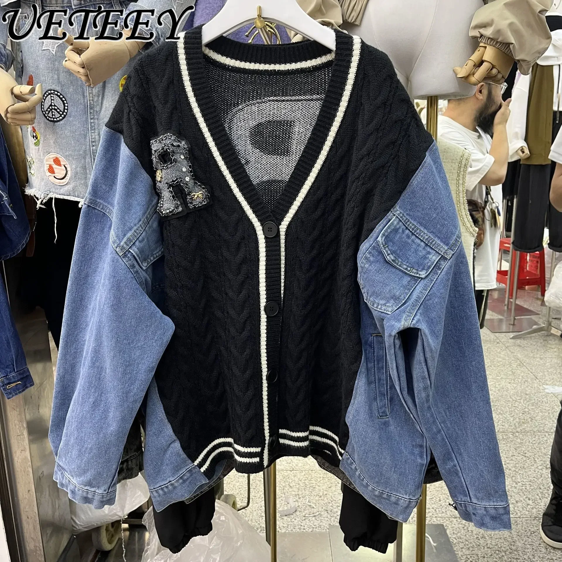 

Streetwear Denim Stitching Sweater Women's Y2k Clothes Autumn Design Street V-neck Mid-Length Loose Slimming Casual Sweater Top