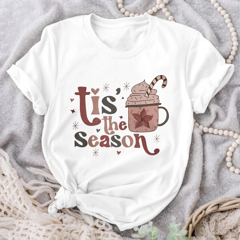 

Simple Women's Casual Fashion Christmas Print T-shirt Fashion Top Happy Holiday Cute 2023 White T-shirt Pattern Travel T-shirt.
