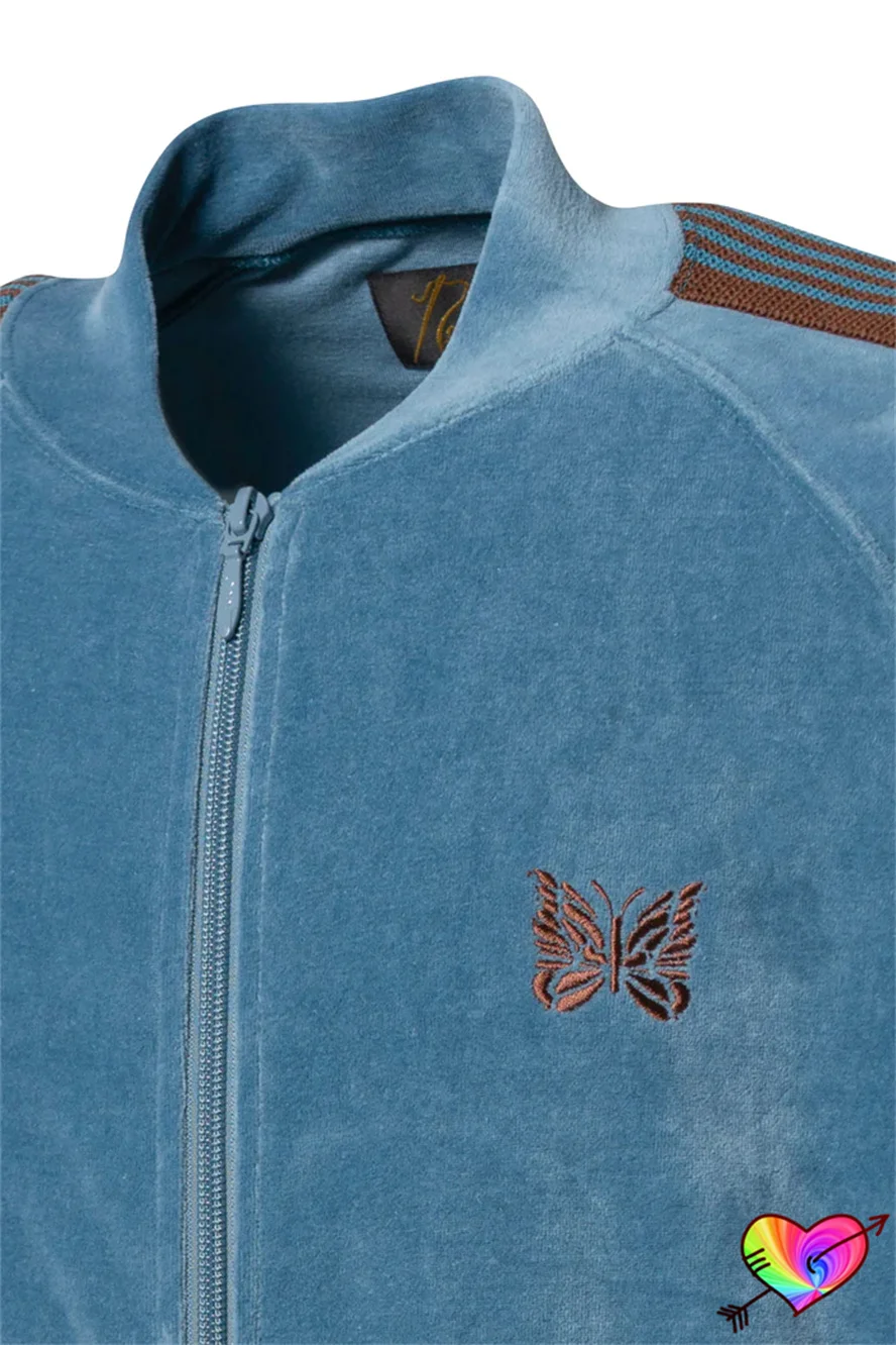 2023 Blue Gray Velvet Needles Track Jacket Men Women 1:1 Zipper Needles Jacket High Street Embroidery Butterfly Logo AWGE Coats images - 6