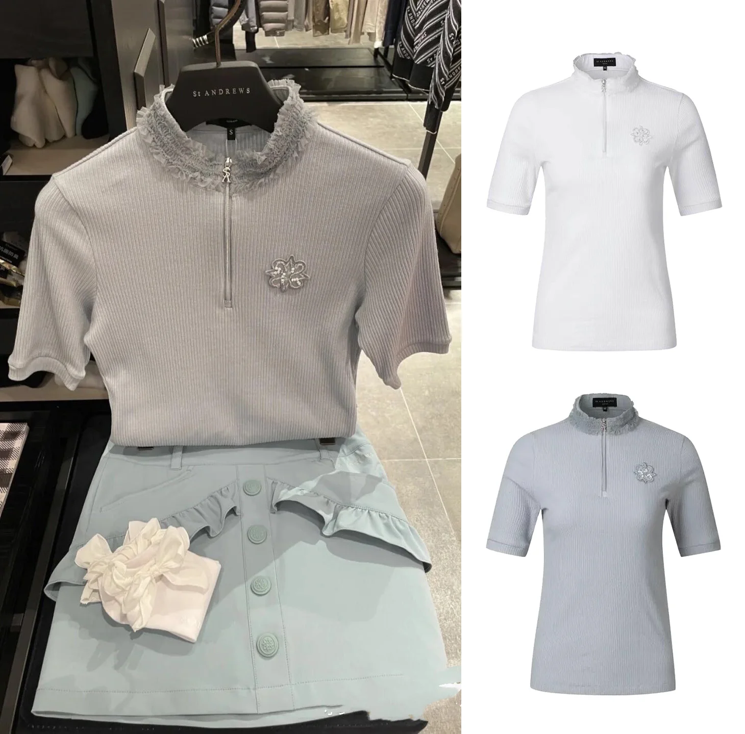 

Golf Shirts Women's Knitted Short Sleeve Half Zip High Collar Golf Top Elastic Slim Fit Style