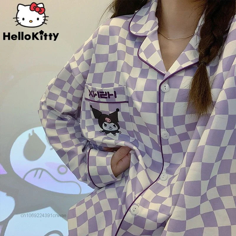 

Sanrio Kuromi Plaid Pajamas Women Spring Autumn Cardigan Long Sleeve Cotton Sleepwear Y2k Kawaii Cinnemoroll Loose Home Clothes