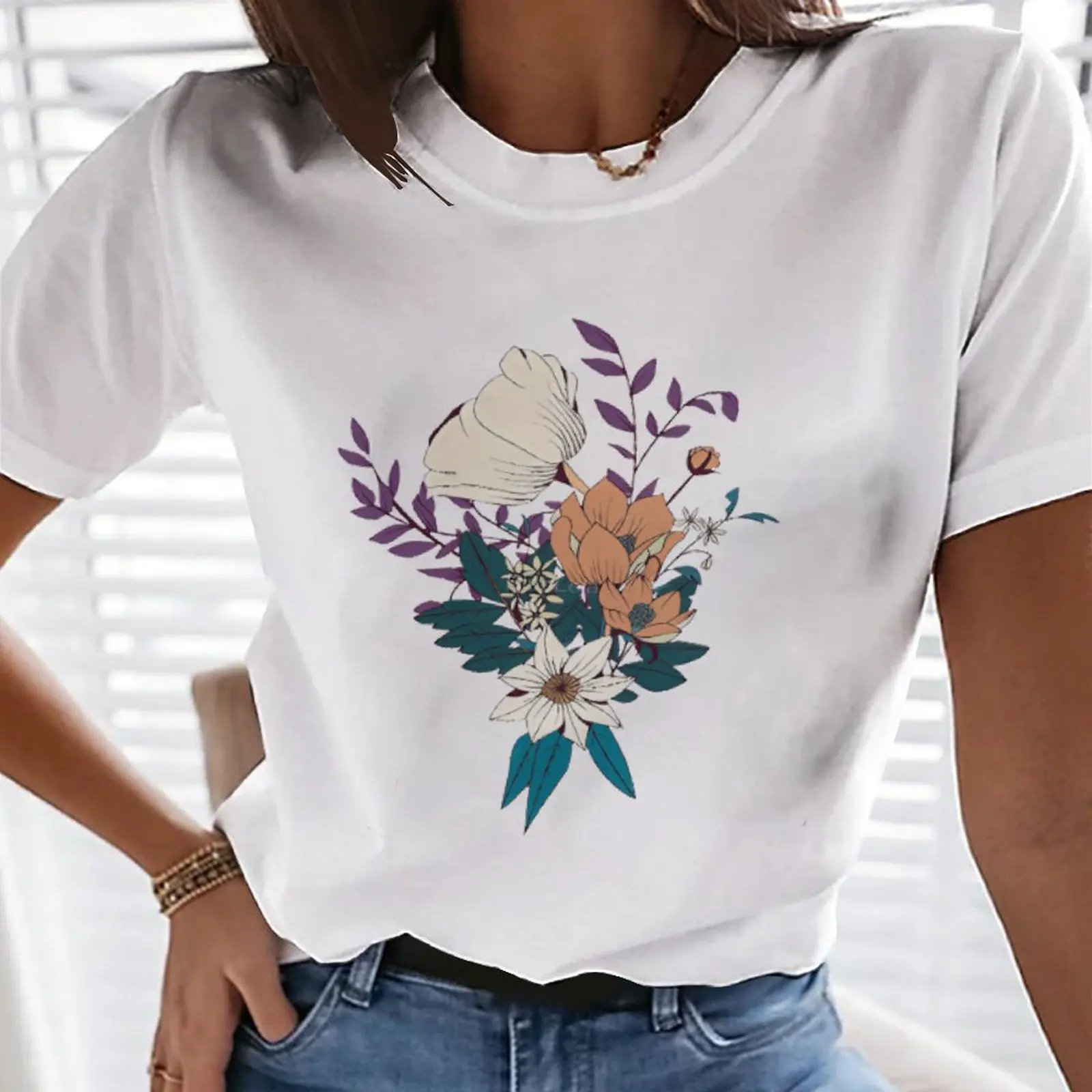 

Fashion Short Sleeve Flowers Sweet 90's Trend Casual T-Shirt Clothes Women's Summer T-Shirts Women's Printed Graphic T-Shirts