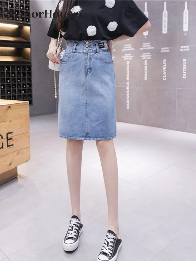 2022 Spring Korean Women Denim Knee-Length Skirt High Wais Summer Back Split A-line Blue Jeans Vintage Casual Skirt Female