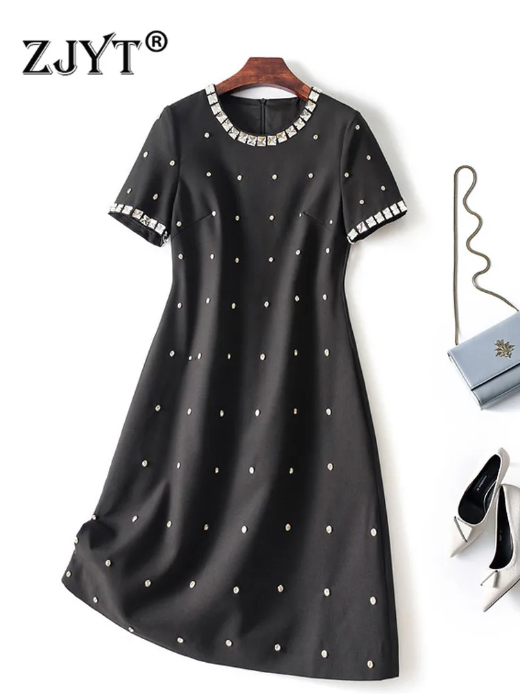 

ZJYT Runway Fashion Diamonds Summer Dress Luxury Party Women Short Sleeve Loose Waist Vestidos Black Casual Office Work Wear