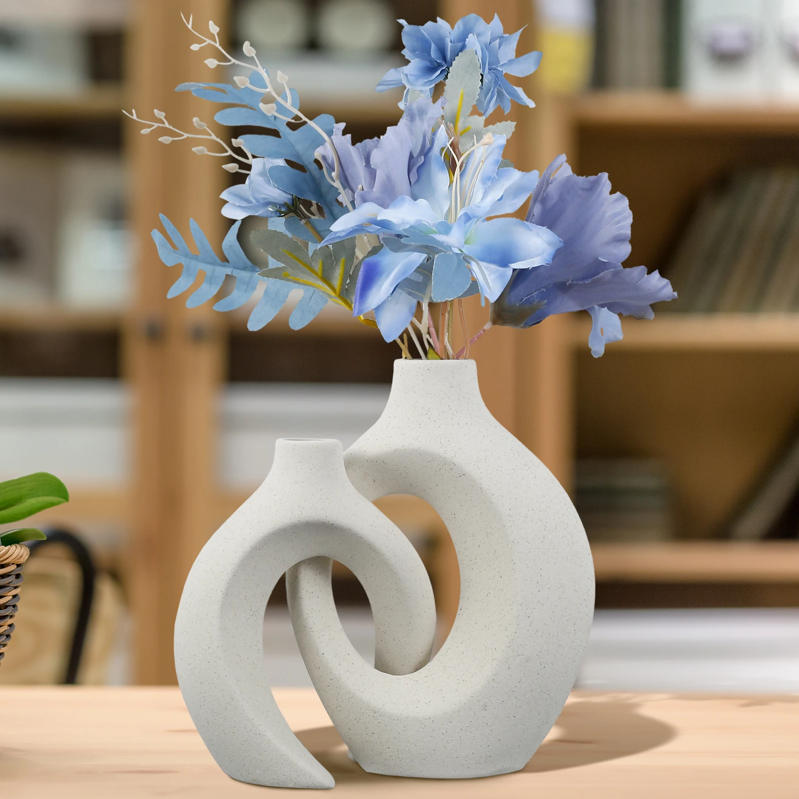 

2Pcs Ceramic Vase Set Delicate Boho Ceramic Vase Centerpiece Decorative Donut Vases Decor Minimalist Hollow Vase Set Modern