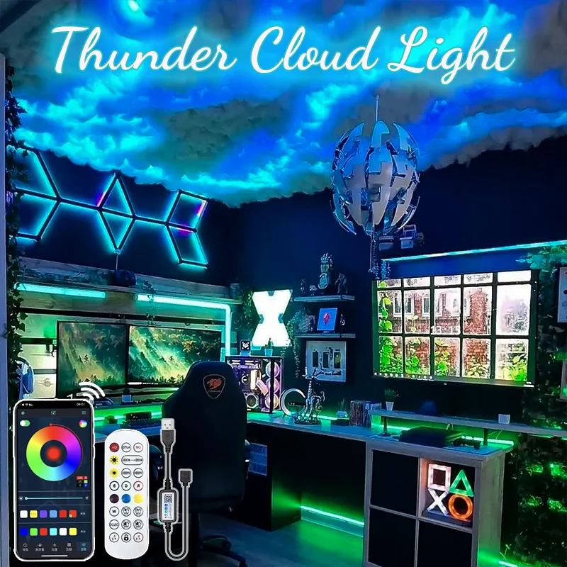 Фото 3D Thunder Cloud Lights Потолочные Storm Lights Светодиодный комплект Синхронизация музыки Осветляющий облачный комплект Хлопок для украшения игровой комнаты Спальня №1