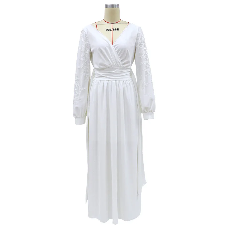 

2022 Summer Spring Commuter Long Dress Women's White Long Sleeve Temperament Mid-waist Chiffon Sexy Party Fashion New