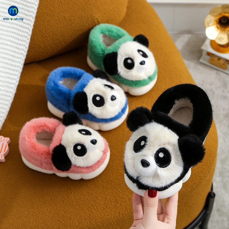 Winter Indoor Panda Children Slippers Flat Furry Home Cartoon Women Slippers Warm Non-slip Parent-child Family Shoes Miaoyoutong