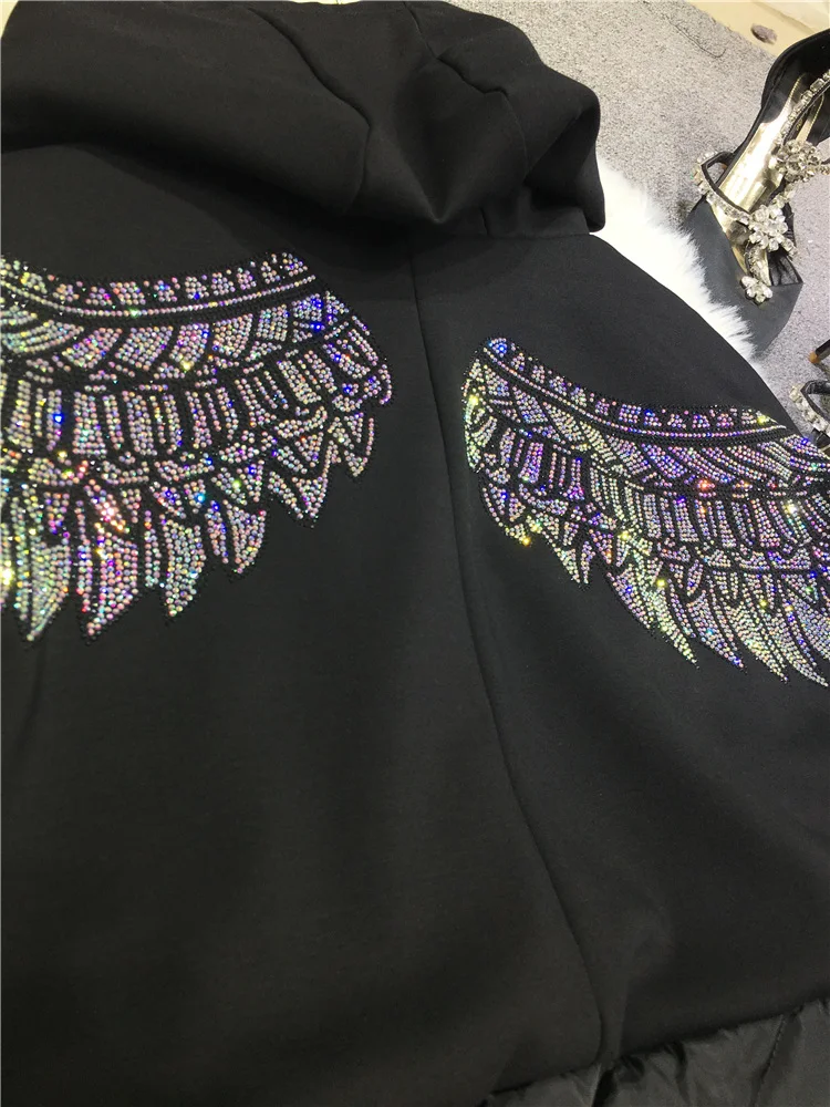 Trendy Hot Drilling Women Cotton-padded Coat Luxury Back Bing Wings Zip Hooded Wadded Jacket Colorblock Autumn Winter Parkas