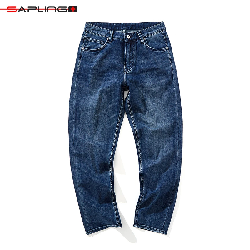 

Spring Summer New Elastic Denim Trousers Mid-high Waist Elastic Embroidery Men's Jeans Light Business Straight Middle-aged Pants
