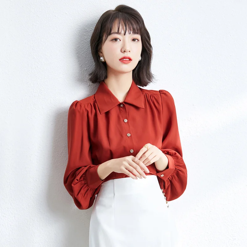 

Chiffon Women's Blouse Large Size Solid Loose Shirt Summer 2022 New Long Sleeves Casual Top Folds Fashion Female Clothing