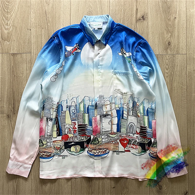 

Рубашка 2023ss Женская/мужская с длинным рукавом, шелковая блуза с городским узором, для Гавайского Пляжа, лето