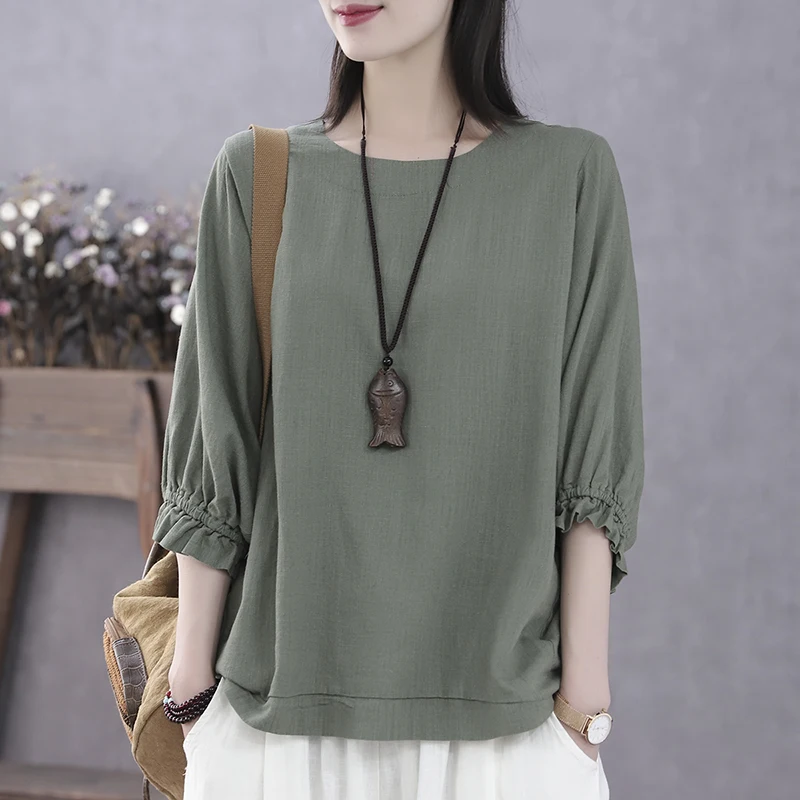 

2022Retro literry spring clothes new western minimlist cot women's loose top with csul zipper slim round neck pullover