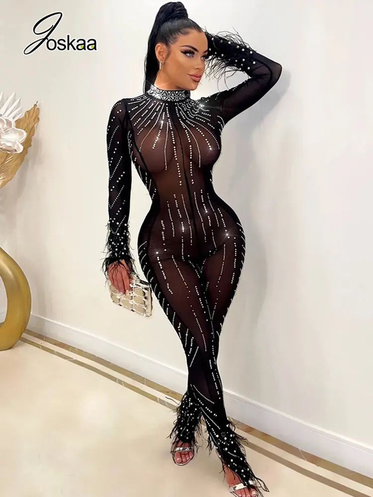 

Joskaa Sexy Rhinestone Feather Mesh Jumpsuits Women Sexy See Through O-neck Long Sleeve Bodycon Rompers 2023 Nightclub Outfits