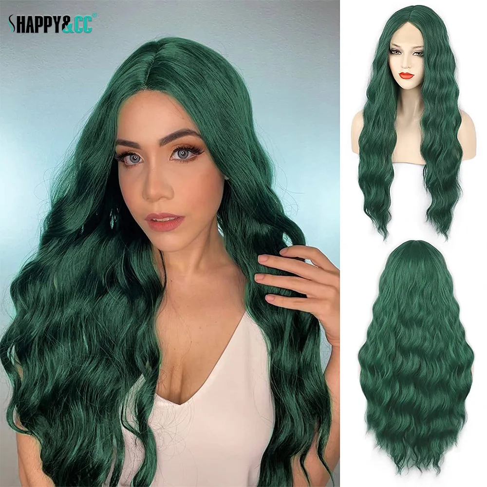 

26 дюймов темно-зеленые кружевные передние парики, длинные волнистые синтетические парики, косплей, безклеевые, термостойкие, водные волнистые парики для женщин, ежедневное искусство