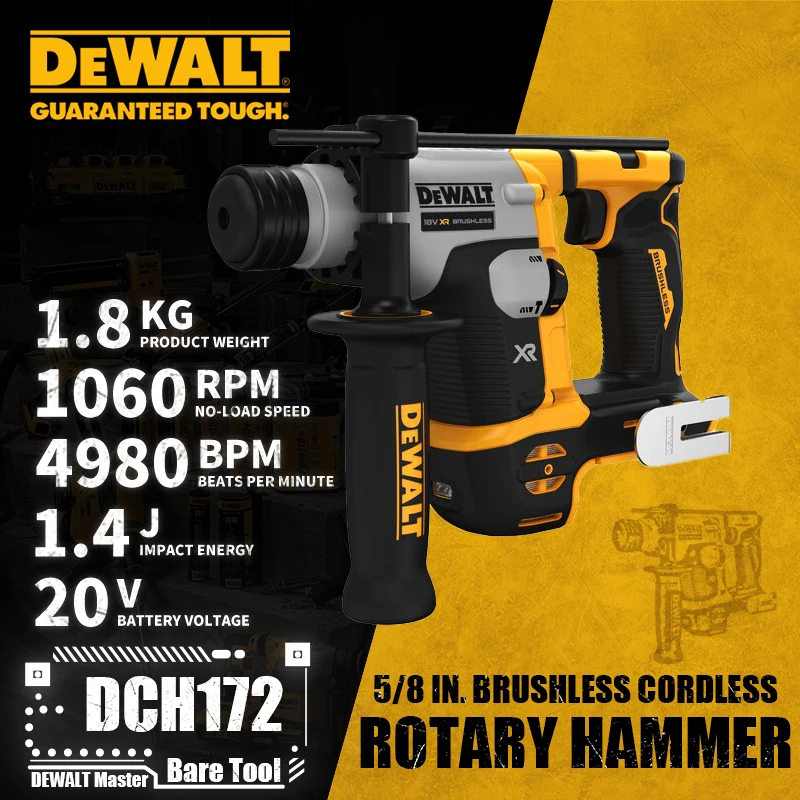 

DEWALT DCH172 5/8in Brushless Cordless SDS Plus Rotary Hammer 20V Lithium Power Tools 1060RPM 4980BPM 1.4J Bare Tool