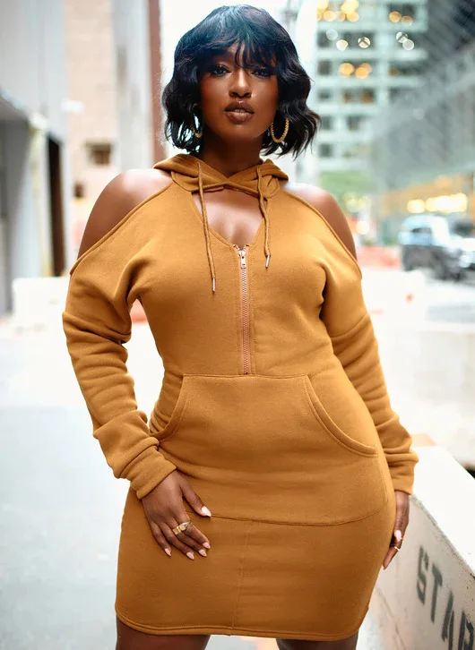

Winter Casual Women Droped Shoulder Long Sleeve Hooded Front Pocket Sweatshirt Style Mini Bodycon Dress Vestidos