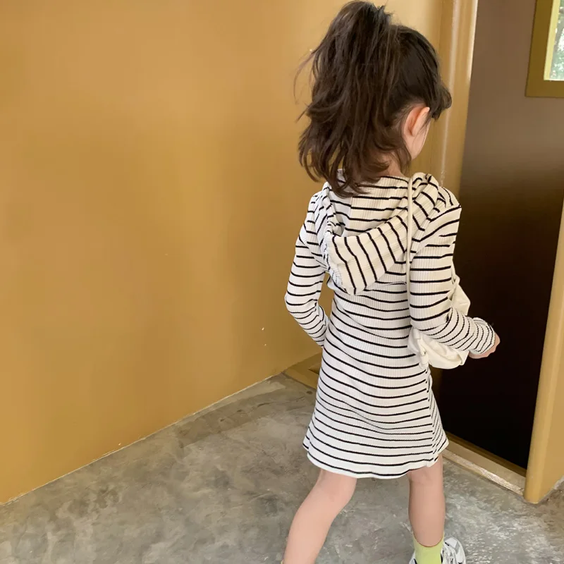 

2022 Spring Summer Kids Girl Dresses Casual Hooded Dress for Girls Long Sleeve Slim Striped Dress