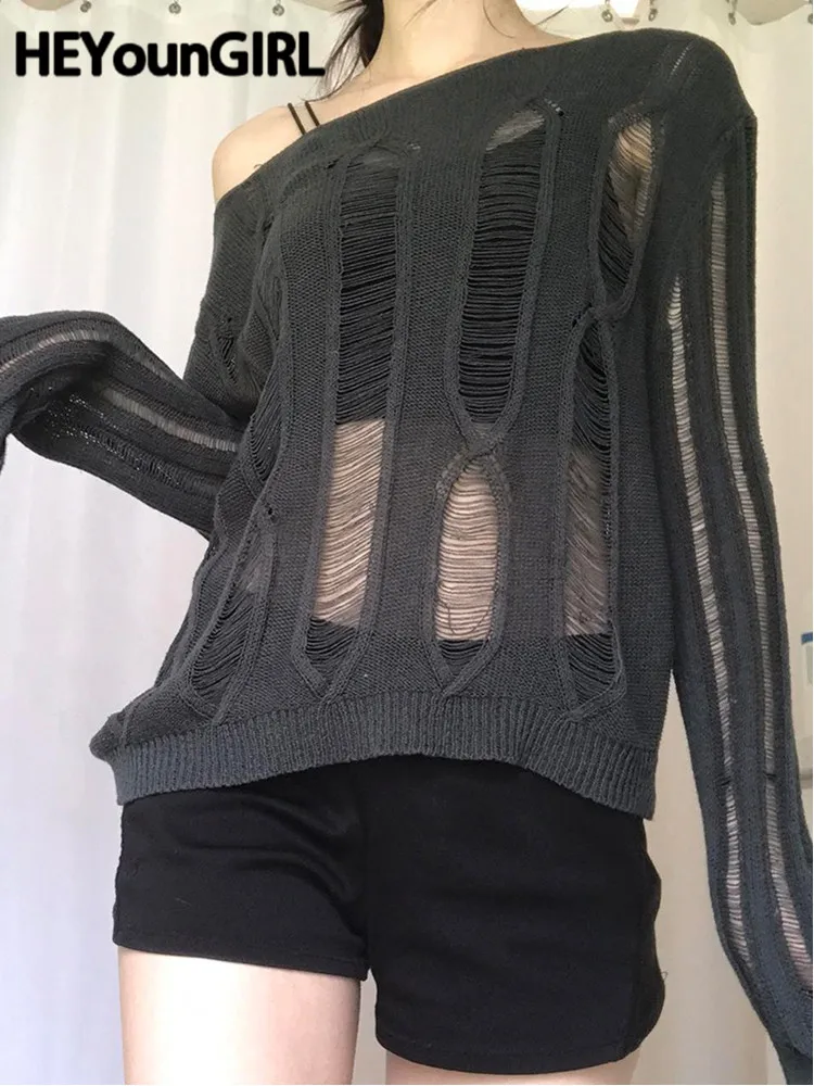 

Женский трикотажный пуловер HEYounGIRL, свободный трикотажный прозрачный свитер в стиле ретро, длинный осенний свитер, Повседневная футболка