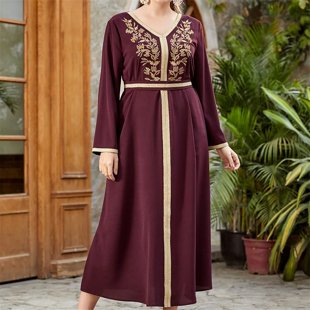 Мусульманское платье с V-образным вырезом и длинными рукавами, модное платье с бронзовой вышивкой, на шнуровке, в этническом стиле Дубая, ара...