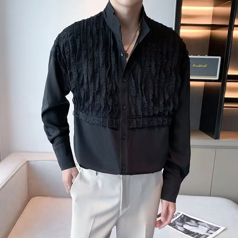 Autumn Patchwork Shirts Men Long Sleeve Loose Casual Stand Collar Shirt Designer Style Social Tuxedo Couple Blouse Streetwear