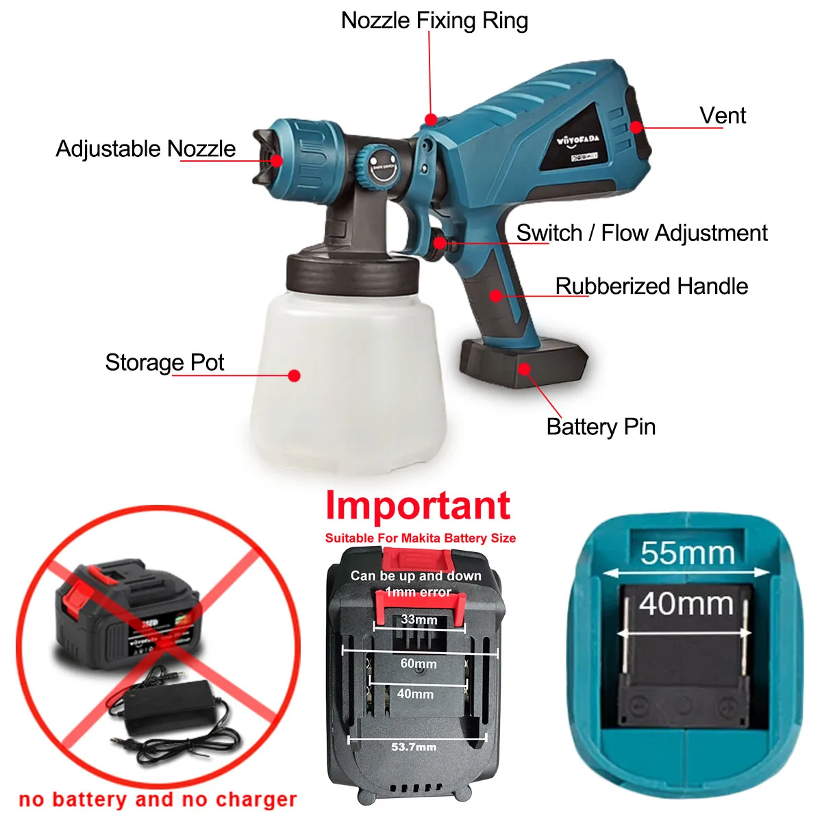 Беспроводной электрический пистолет-распылитель для краски 1000 мл