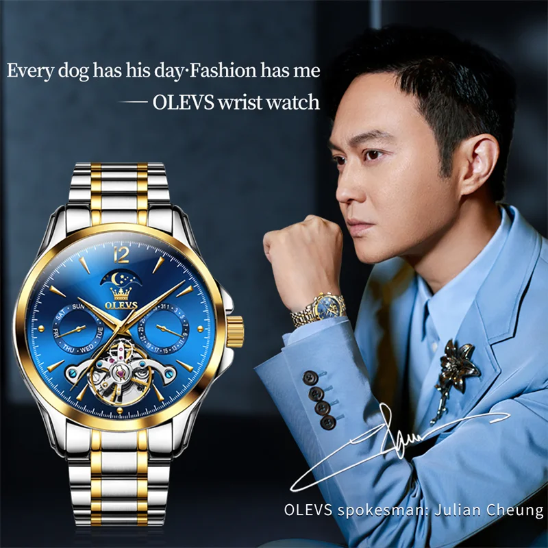 OLEVS Fashion Brand Blue Tourbillon Watch Men Sports Business Waterproof Moon Phase Automatic Mechanical Watches Relogio enlarge