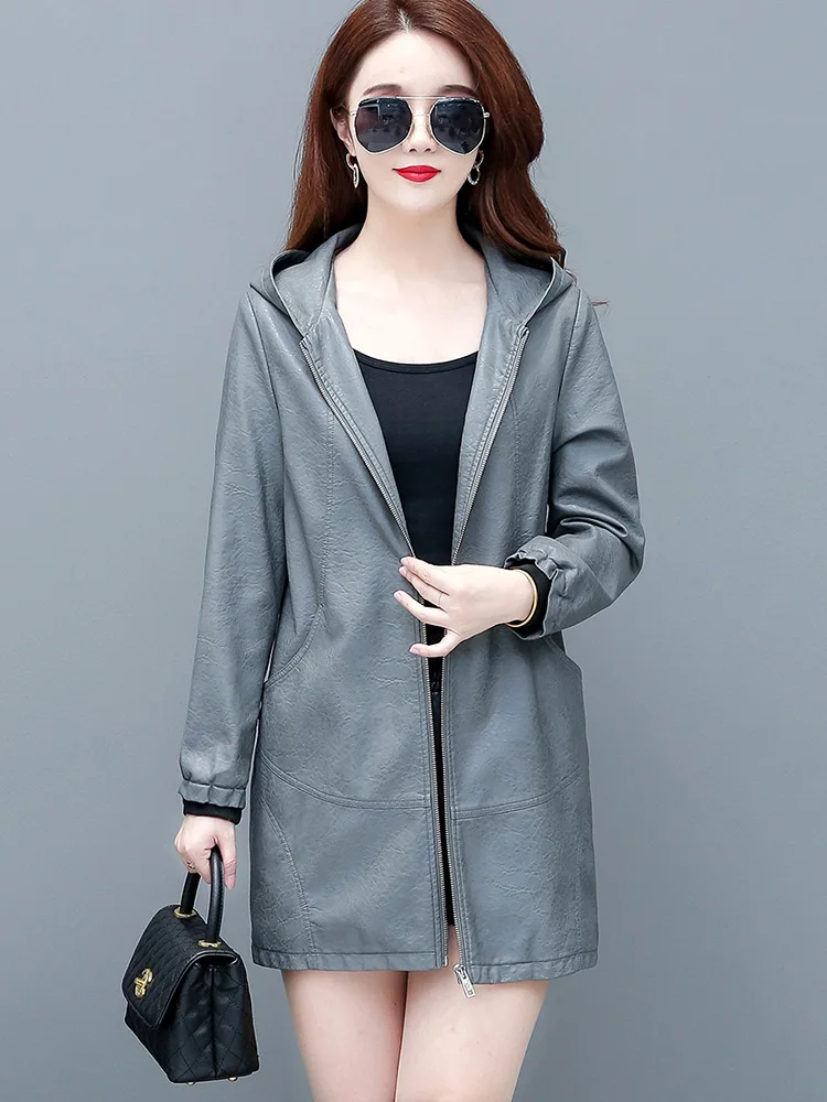 New Women Casual Hooded Leather Jacket Spring Autumn Fashion Loose Black Sheepskin Coat Medium Long Outerwear Split Leather