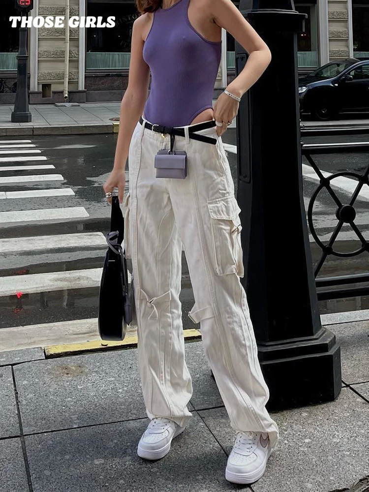 

Thosegirls White Denim High Waist Rise Loose Solid Cargo Pants Jeans Women Casual Vintage Y2k Grunge Streetwear Wide Leg Pants