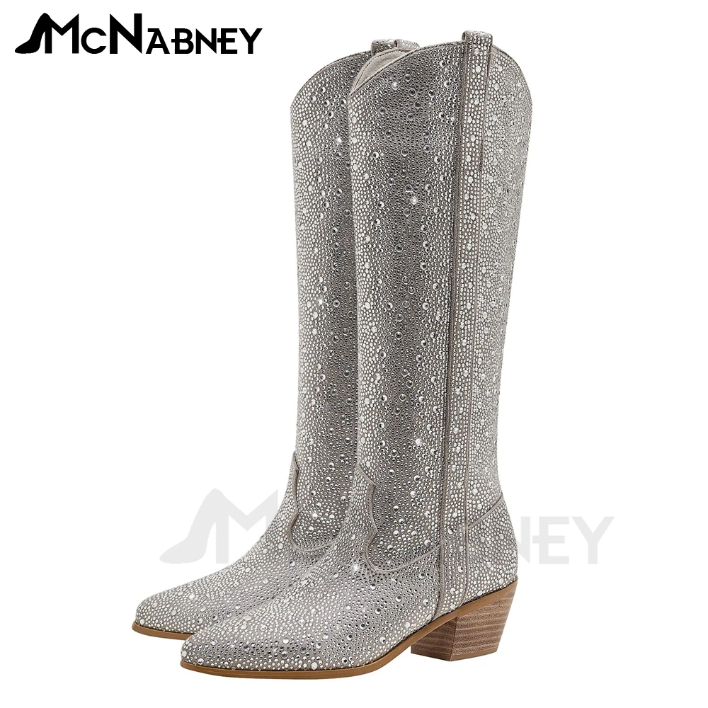 Rhinestone Western Cowboy Knee Boots Pointed Toe Wedge Boots for Women Fashion Luxury Style High Heels Bling Bling Slip On Boots