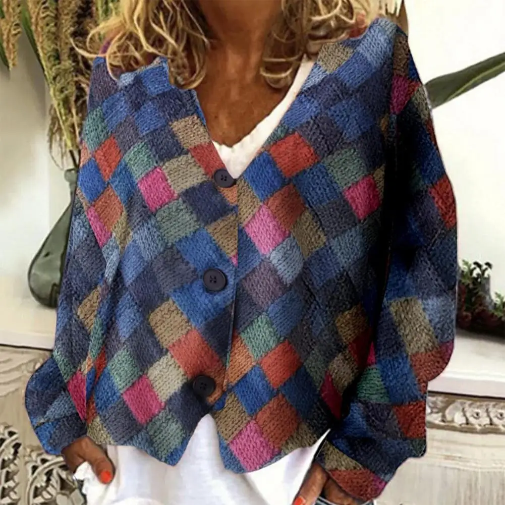 

Comfortable Coat Chic Plaid Patchwork Women's Outerwear Loose Fit V-neck Coats for Spring Autumn with Geometric Patterns