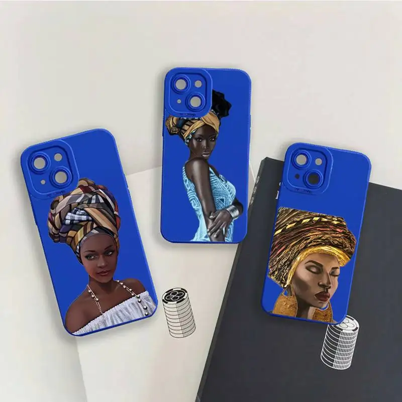 

African black Girl Art Camera Lens Liquid Silicone Klein Blue Phone Case For iPhone 13 12 11 Pro MAX Mini X XS XR 7 8 Plus