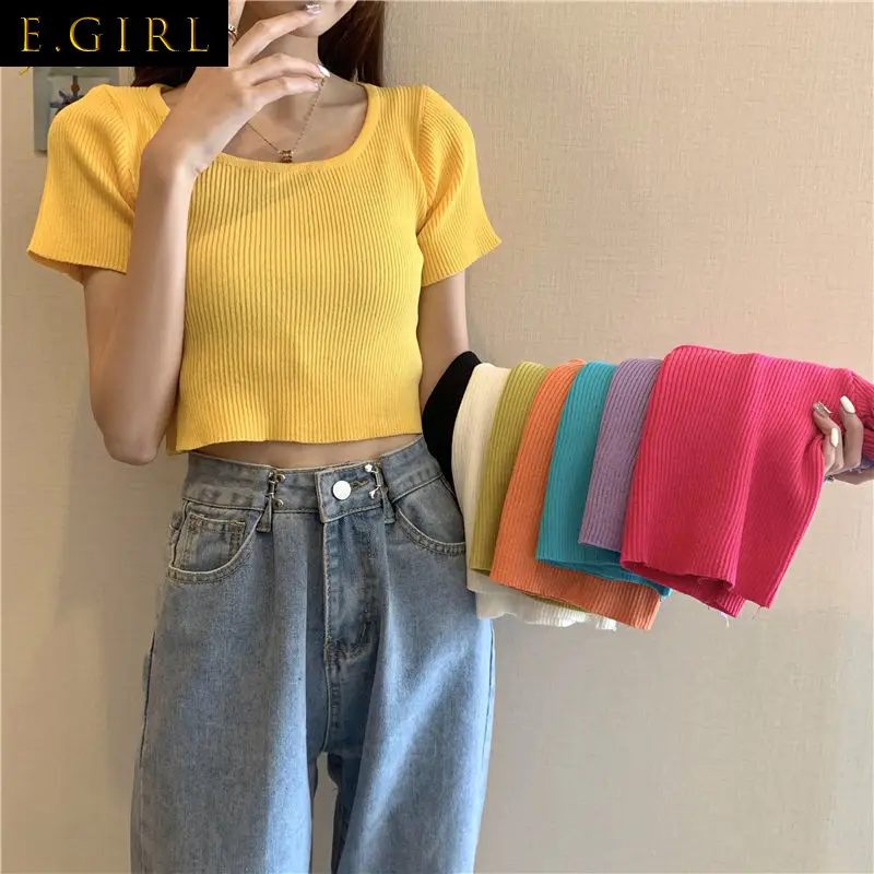 T-shirts Women Square Collar Solid Candy Colors Simple Tops Mujer Hipster Basic Inside Clothing Female Screw Thread Knitting Ins