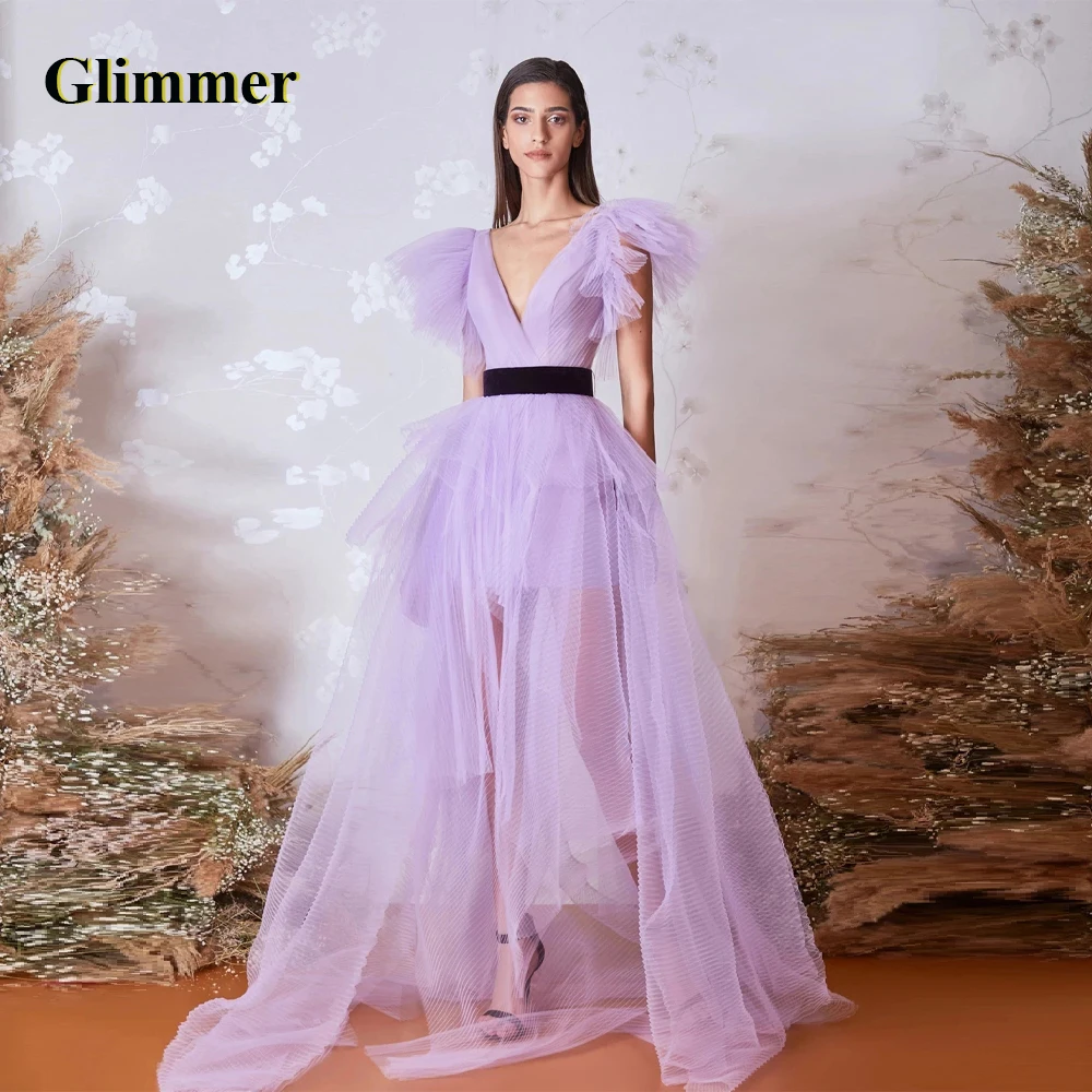 

Glimmer Purple Evening Dresses V-Neck Illusion Formal Prom Gowns Made To Order Celebrity Vestidos Fiesta Gala Robes De Soiree
