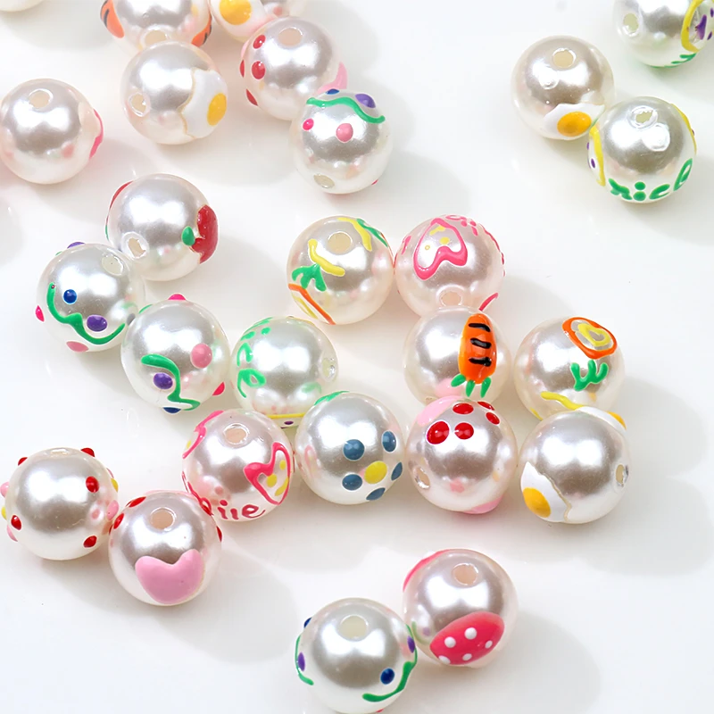 

10pcs 11X11mm Egg Heart Carrot Print Round Pearls Bead for DIY Jewelry Making Flower Mushroon Letter Necklace Bracelet Findings