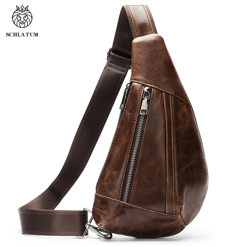 SCHLATUM Genuine Leather Men's Chest Bag Cowhide Casual Messenger Large-Capacity Sports Male Shoulder Bag