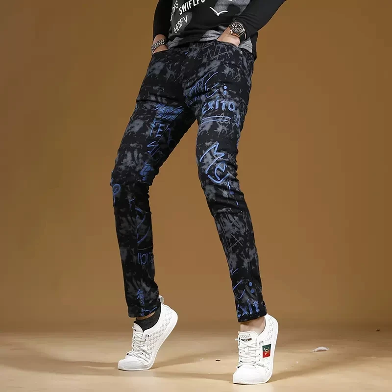 Autumn Men Black Printed Jeans Fashion Slim Fit Straight Pants Streetwear Casual Camouflage Denim Trousers