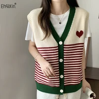 ehqaxin 2022 fall ladies knitted vest fashion v neck colorblock stripes small love sweet loose button cardigan sweater one size
